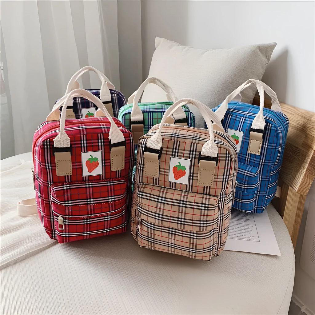 Fashion mini cartoon checked canvas children's backpack for school in blue with soft handle and double shoulder straps