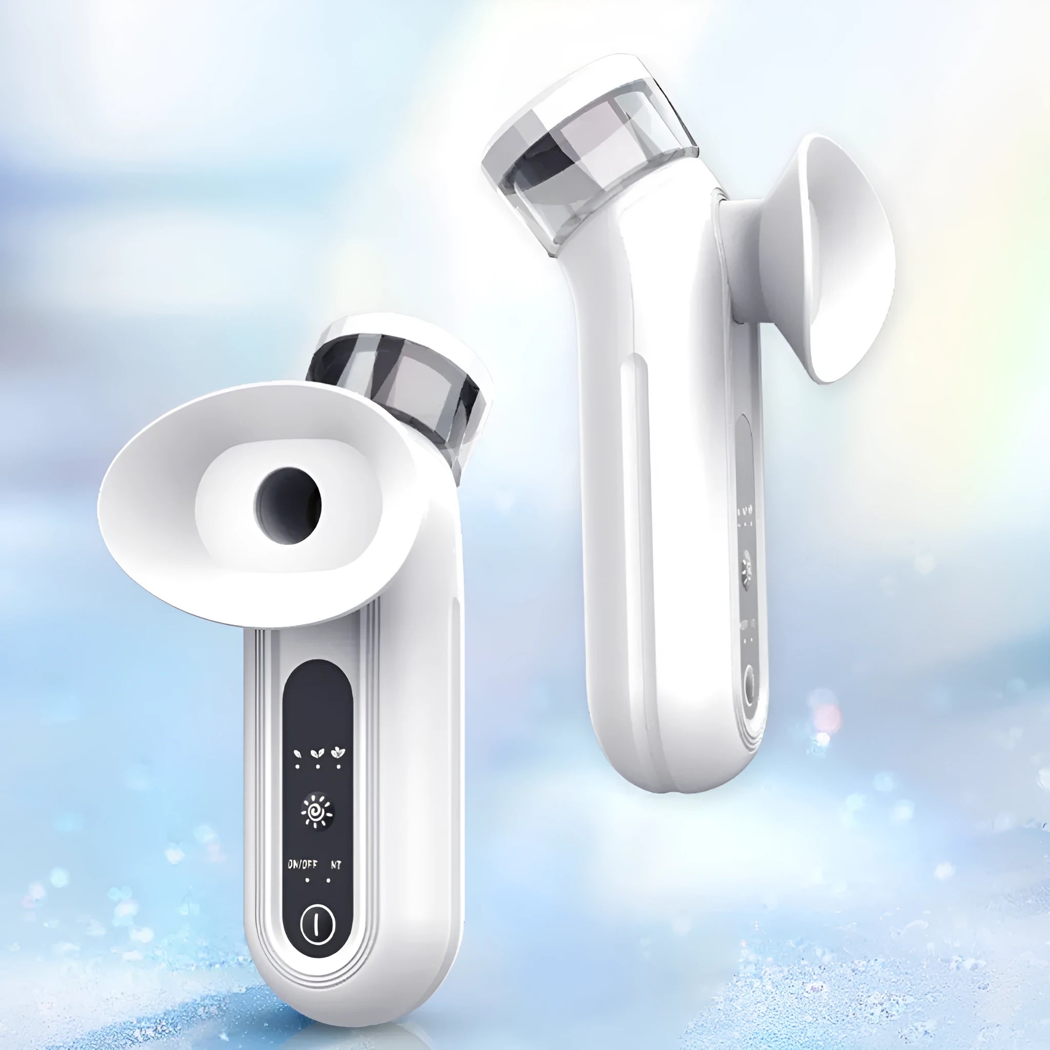 White portable rechargeable eye mask device for hot compress and atomisation, shown with USB cable.
