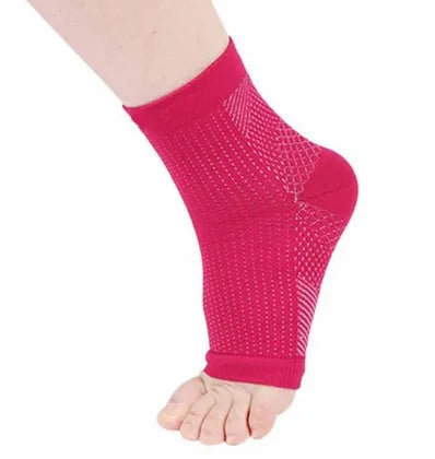 Nylon anti fatigue compression foot sleeve ankle support with straps and heel hole, in black, white or red.