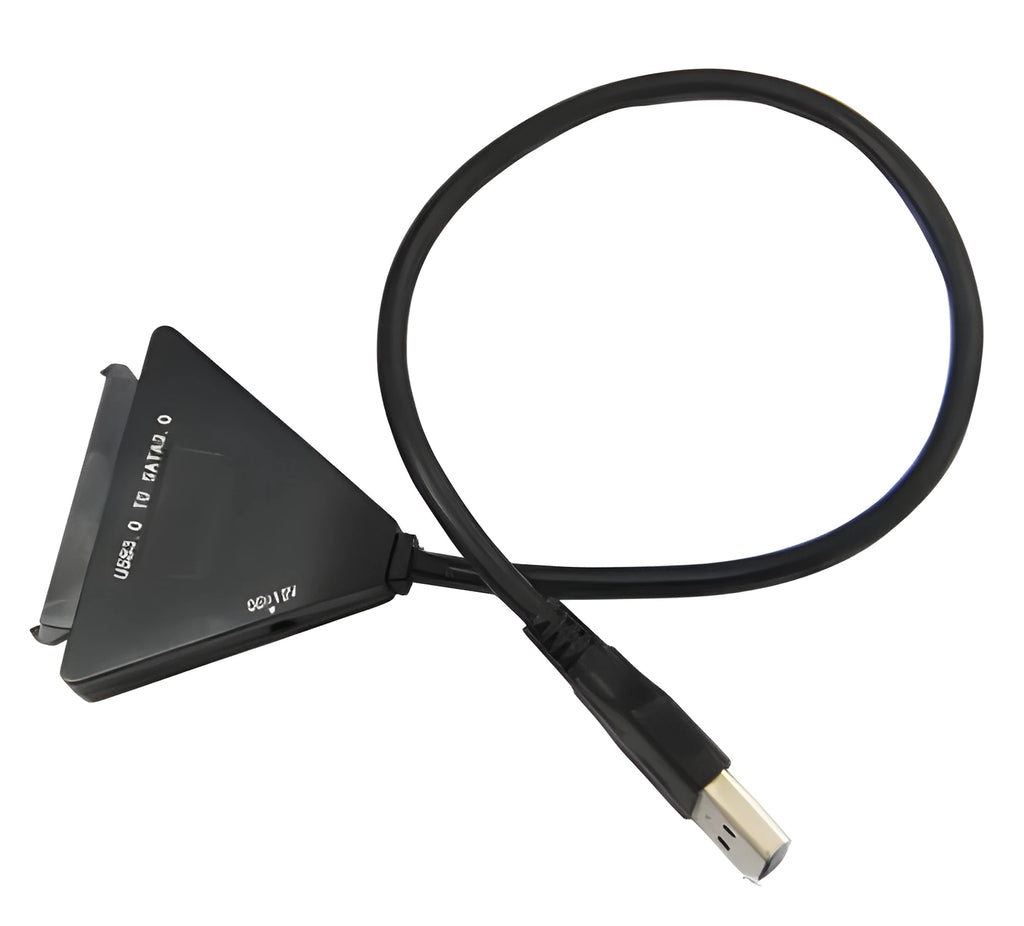 Black USB3.0 to SATA 7+15 pin hard drive adapter cable on a white background.