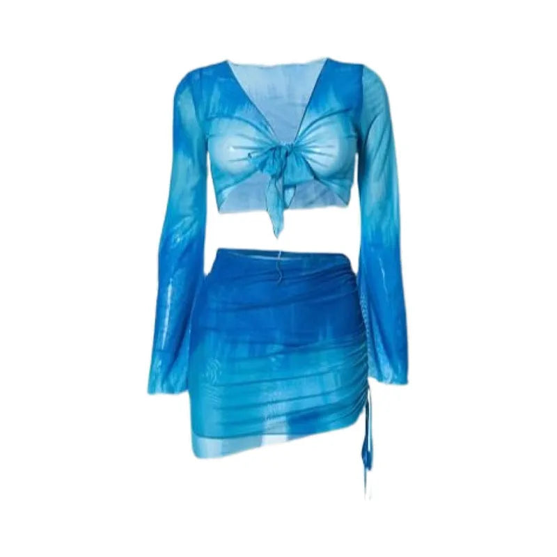 Women's blue high-waisted bikini four-piece set with shirt and skirt on a mannequin