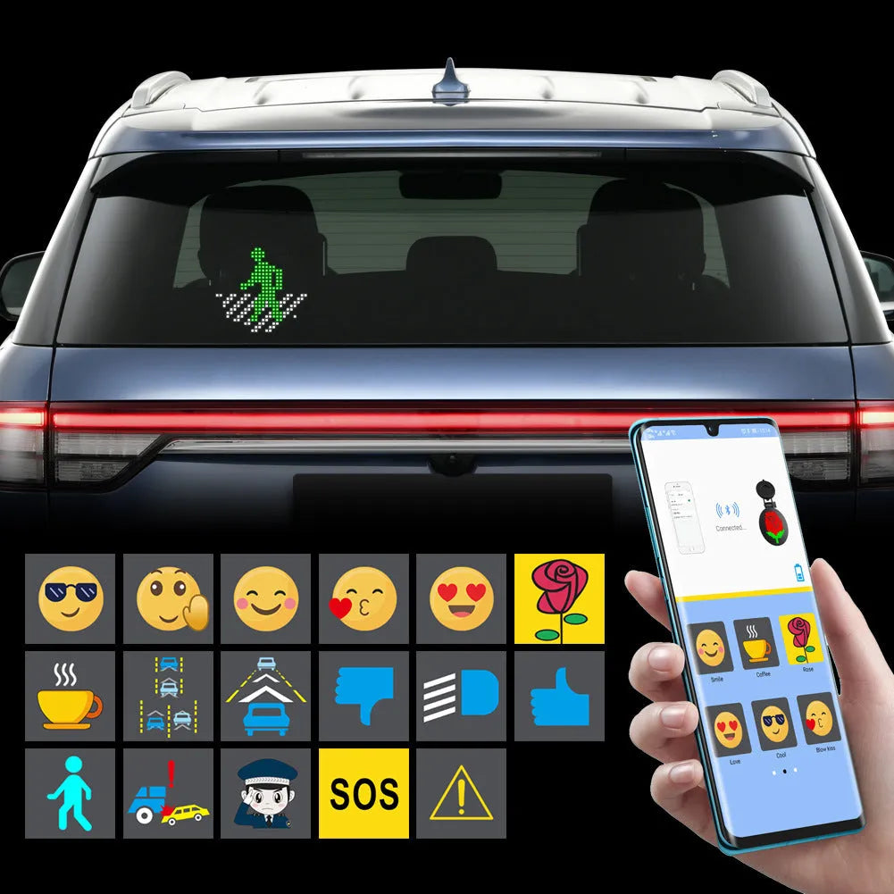 Car round Bluetooth display showing RGB 7 colour LED expressions with black housing and 512 lattice resolution