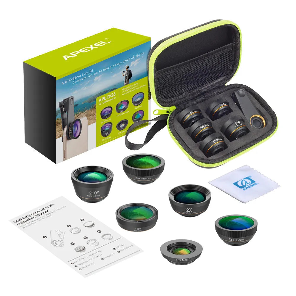 Black 6-in-1 universal smartphone camera lens kit with fisheye, macro, telephoto lenses and filters on a table.