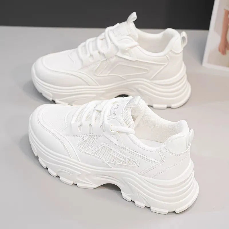 Mesh breathable casual sports shoes with thick bottom and rubber sole in khaki colour