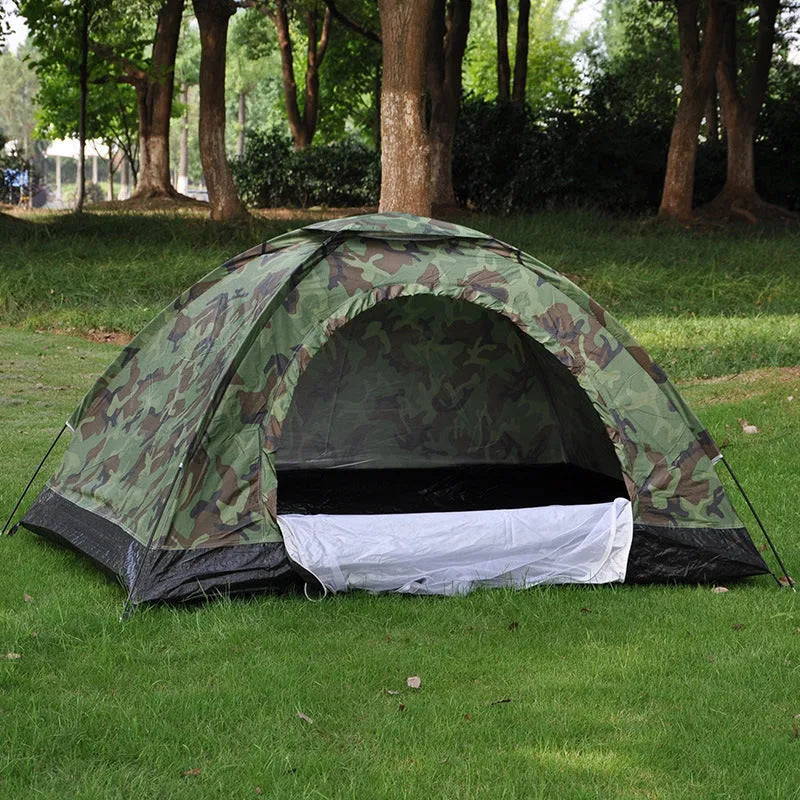 Green camouflage two-person camping tent with fibreglass poles and mesh windows