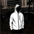 Men's full reflective windbreaker jacket in grey with hooded stand collar and zipper closure