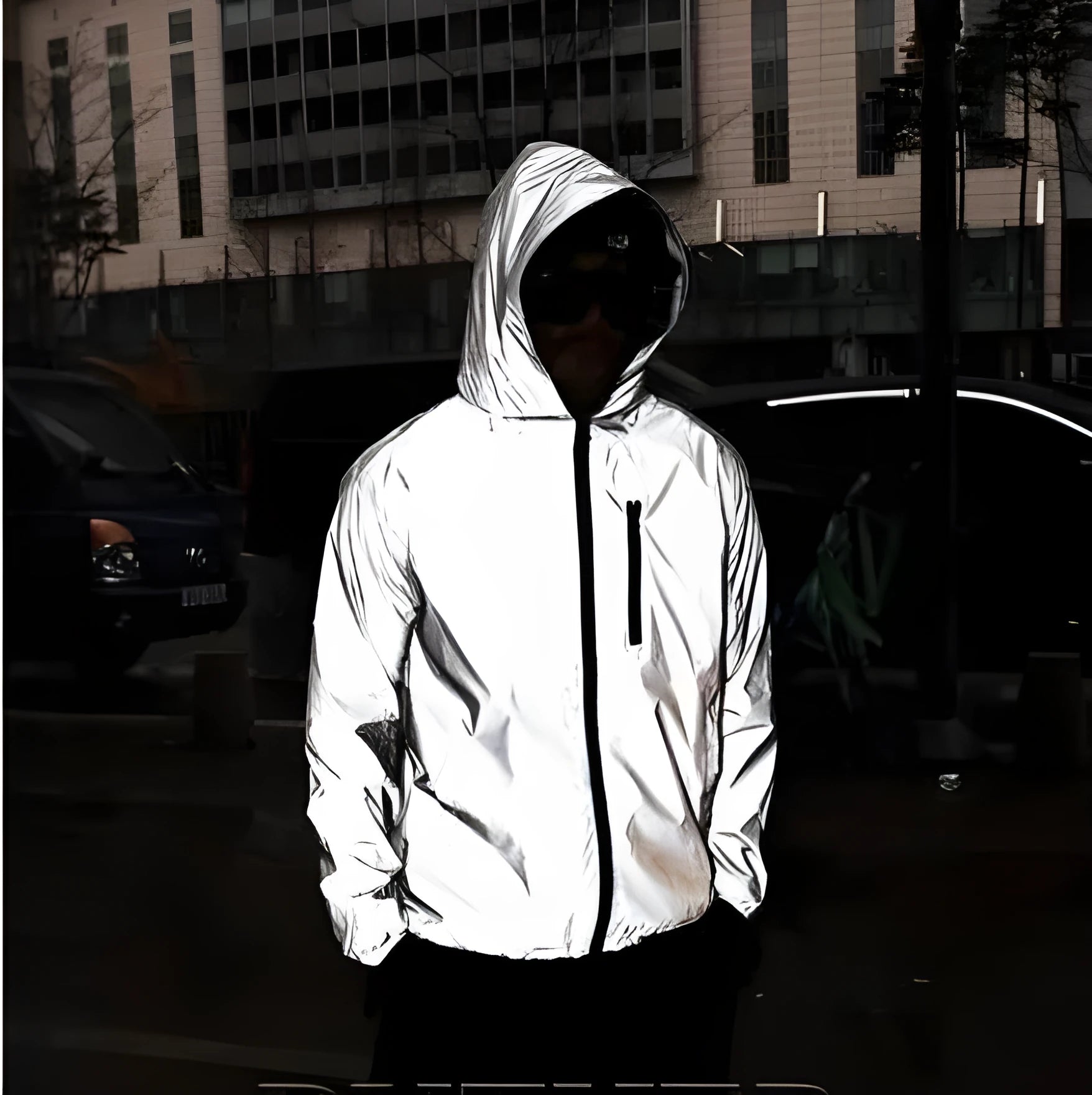 Men's full reflective windbreaker jacket in grey with hooded stand collar and zipper closure