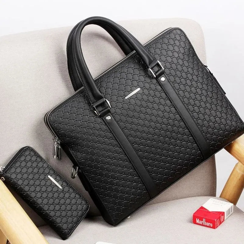 Men's black microfiber synthetic leather business briefcase handbag with embossed letters and adjustable strap