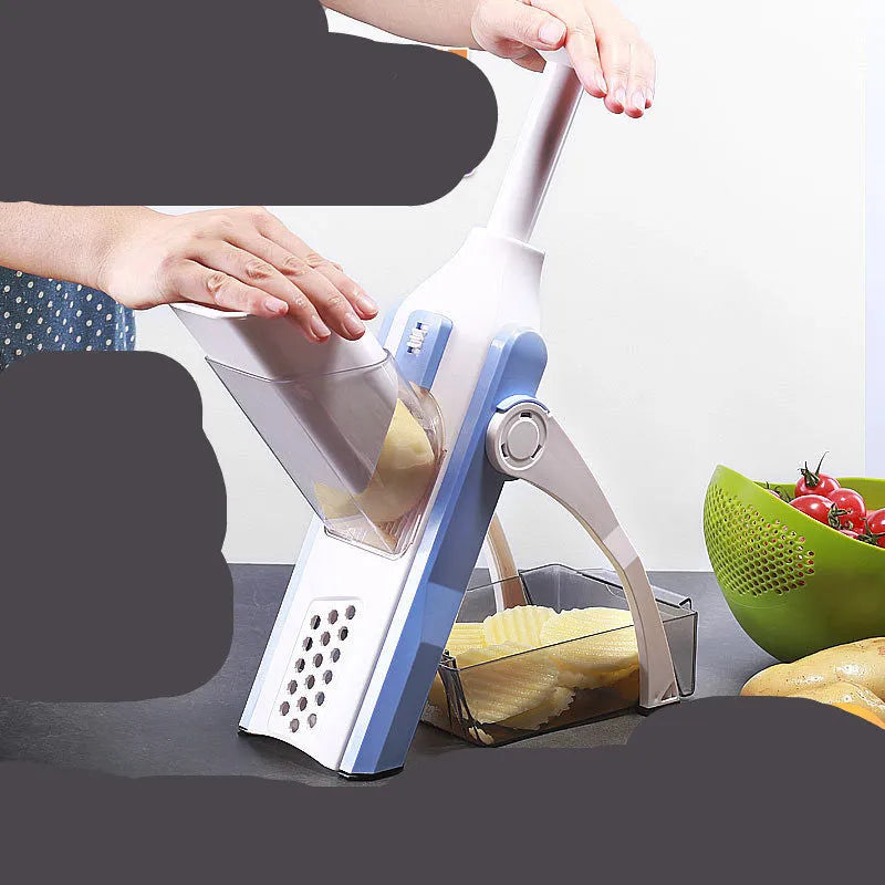 White and blue multifunctional vegetable slicer with stainless steel blades for slicing and dicing