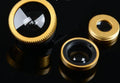 Three-in-one mobile phone lens kit with fisheye, wide-angle, and macro clip-on lenses and storage pouch.