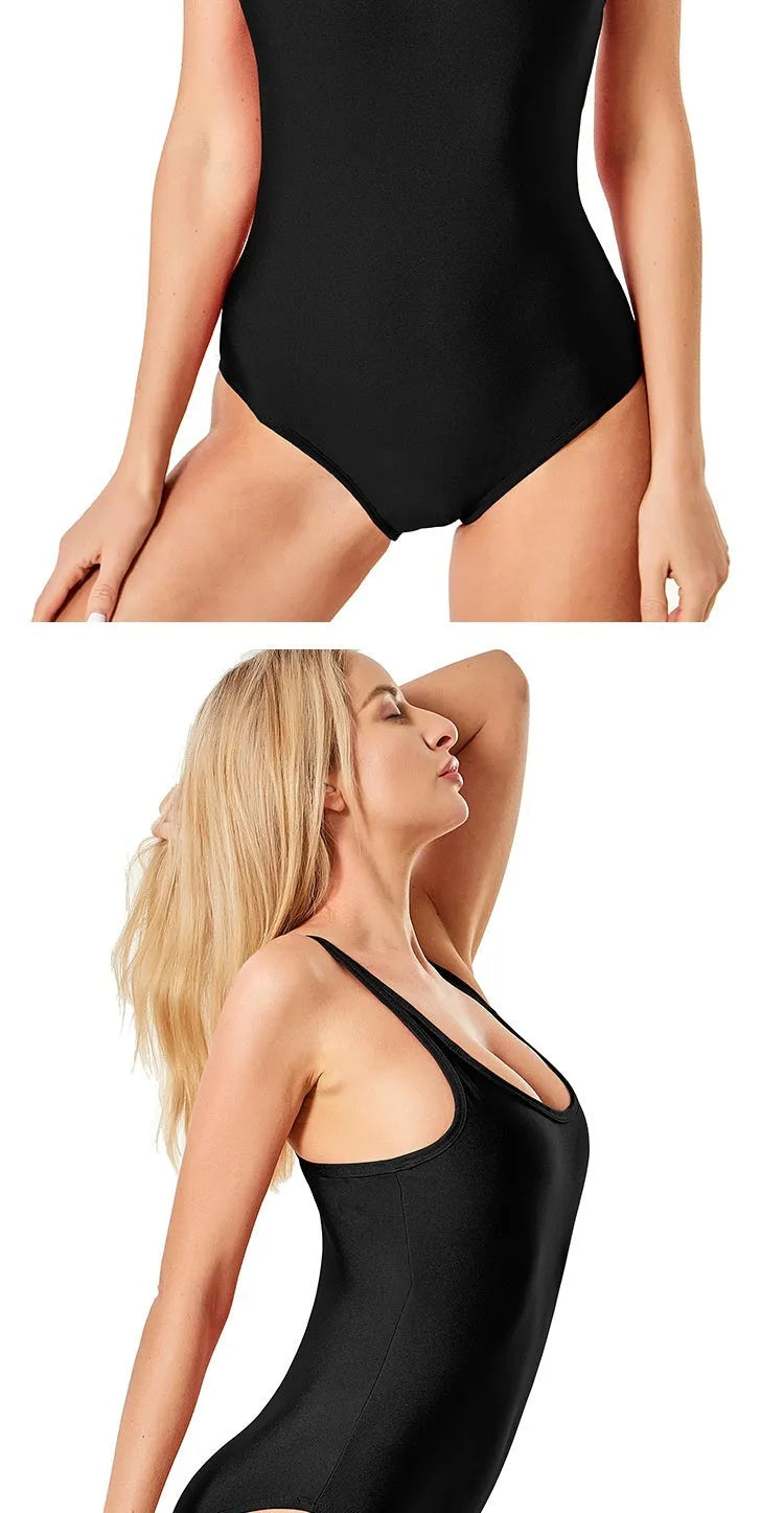 Solid black women's swimsuit briefs made from polyester and nylon for swimming and wading sports