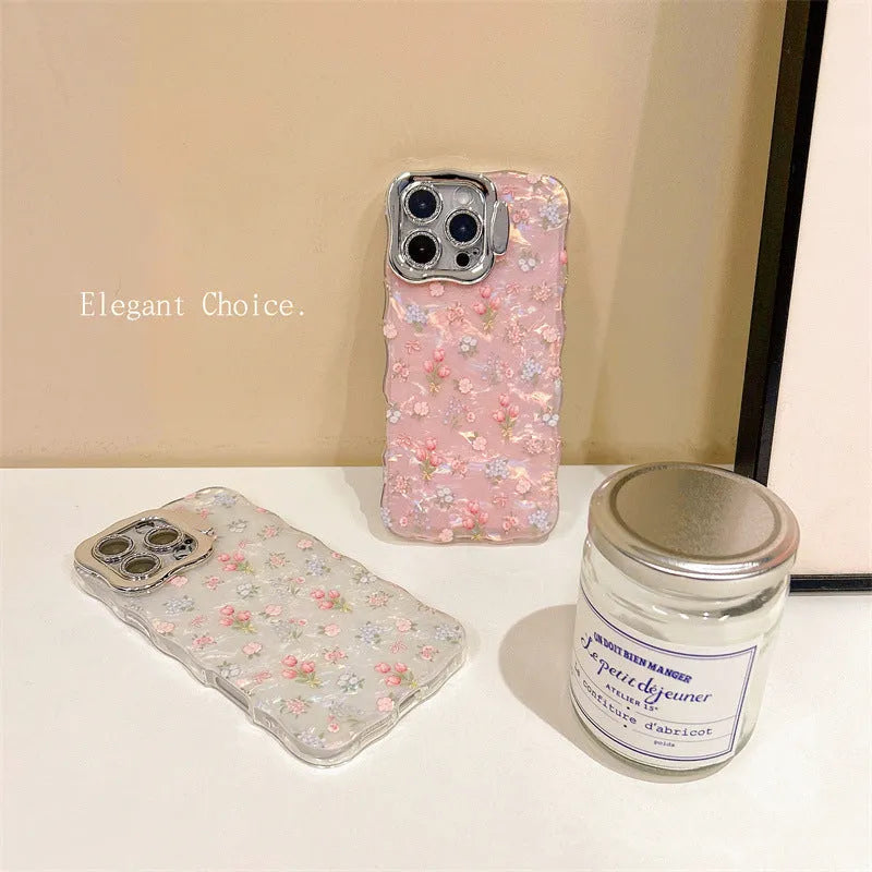 Wave pink acrylic iPhone case with embossed floral shell pattern and invisible brackets