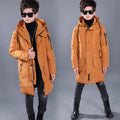 Boys mid-length hooded white duck down jacket in red, grey, black, khaki on memory cloth fabric with zipper closure