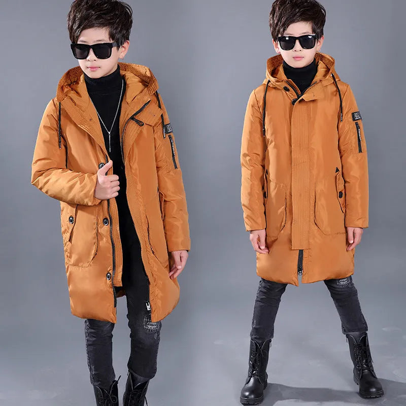 Boys mid-length hooded white duck down jacket in red, grey, black, khaki on memory cloth fabric with zipper closure