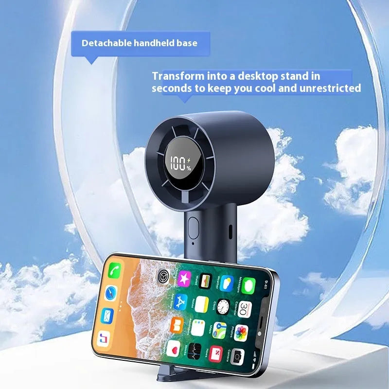 Handheld digital display fan in khaki with six speed modes and USB port