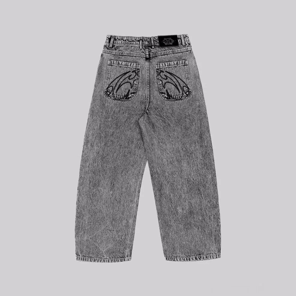 Grey loose fit straight-leg denim trousers on a mid-waist hanger