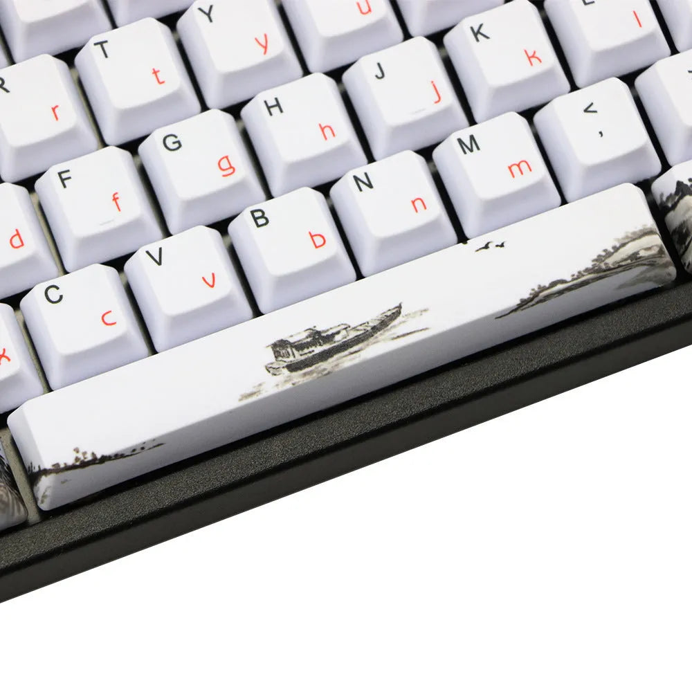 PBT Wangjiang plum 109-key keycap set with five-sided sublimation, OEM height, in Japanese layout on a mechanical keyboard