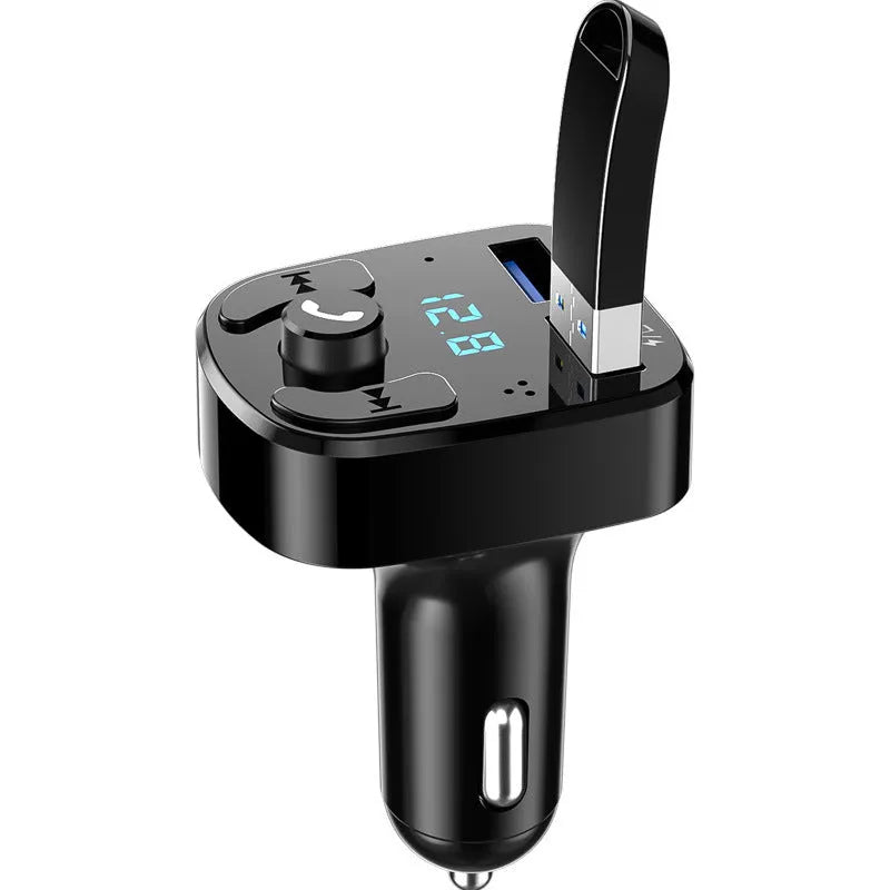 Car MP3 player Bluetooth 5.0 FM transmitter with blue digital display and dual USB ports for 12V-24V vehicles