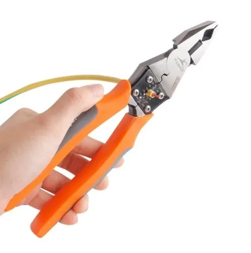 Orange-handled multi-function wire cutter pliers with chrome steel clamp head on a work surface.