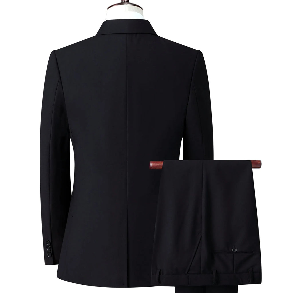 Men's slim fit business suit in black, coat and pants set, formal wear with adhesive interlining construction