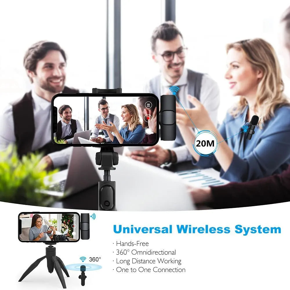 Wireless lavalier microphone and receiver set with 62x23x28mm mic, 45x27x7mm receiver, for iPhone Android recording