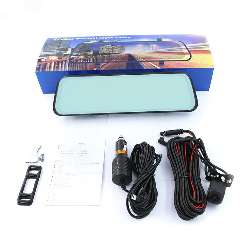 10 inch HD rearview mirror dash cam with 170° angle, 12MP pixel, TF card slot, and USB interface for rear view installation.