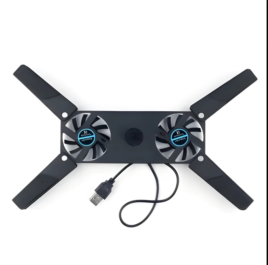 Rotatable USB cooling fan pad with two fans and alloy foldable construction for laptops 8-14 inch