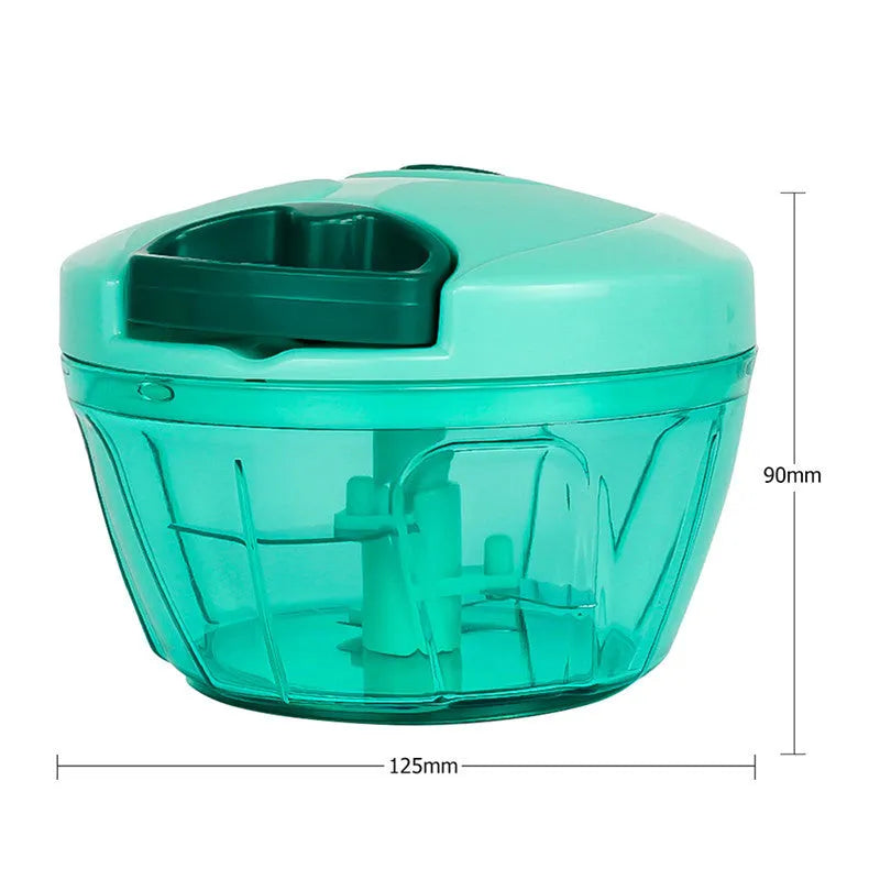 Green manual kitchen chopper grinder with stainless steel blades and a 500ml plastic container.