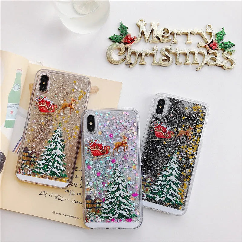 Transparent quicksand iPhone case with Santa Claus Christmas tree design in pink colour