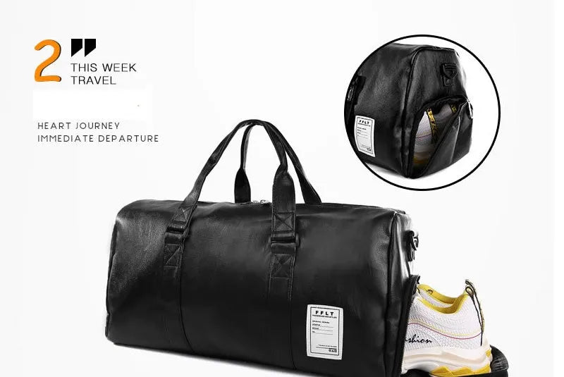 Black waterproof sports fitness bag with a separate shoe compartment and a diagonal carry strap.