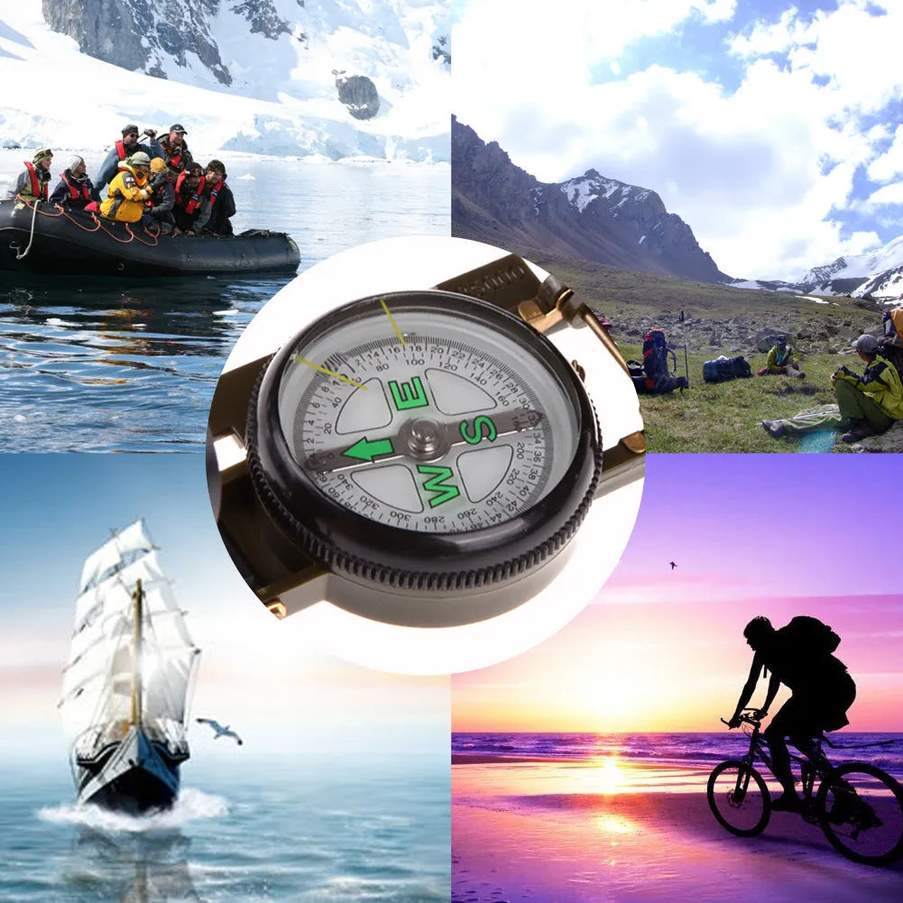 Army green aluminium alloy foldable compass with kerosene damping, opened to show lens and needle