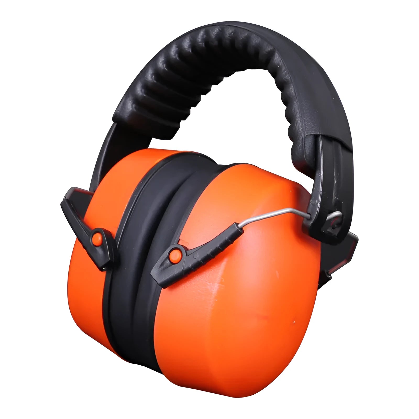 Orange adjustable noise-cancelling earmuffs with breathable fabric ear cushions on a grey background.
