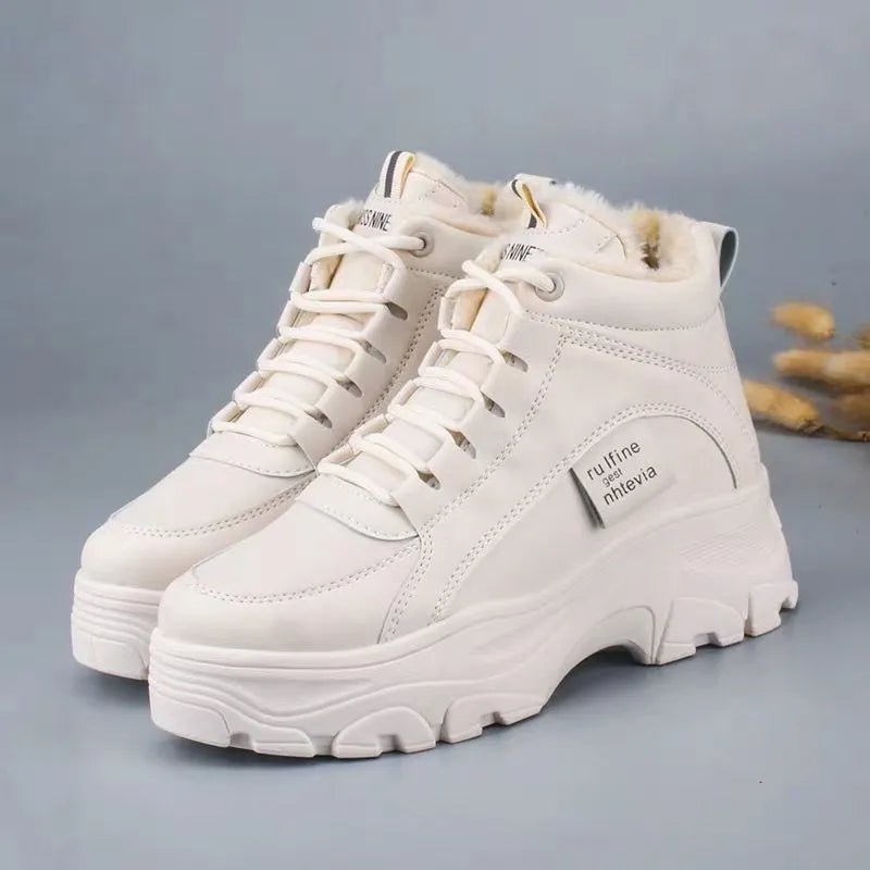 Thickened sneakers with flat thick sole, microfiber upper, round toe, and elastic band in beige colour