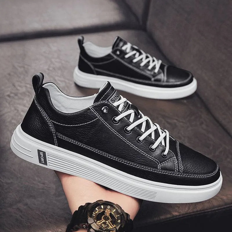 Men's casual white PU flat shoes with round toe and low heel slip-on design