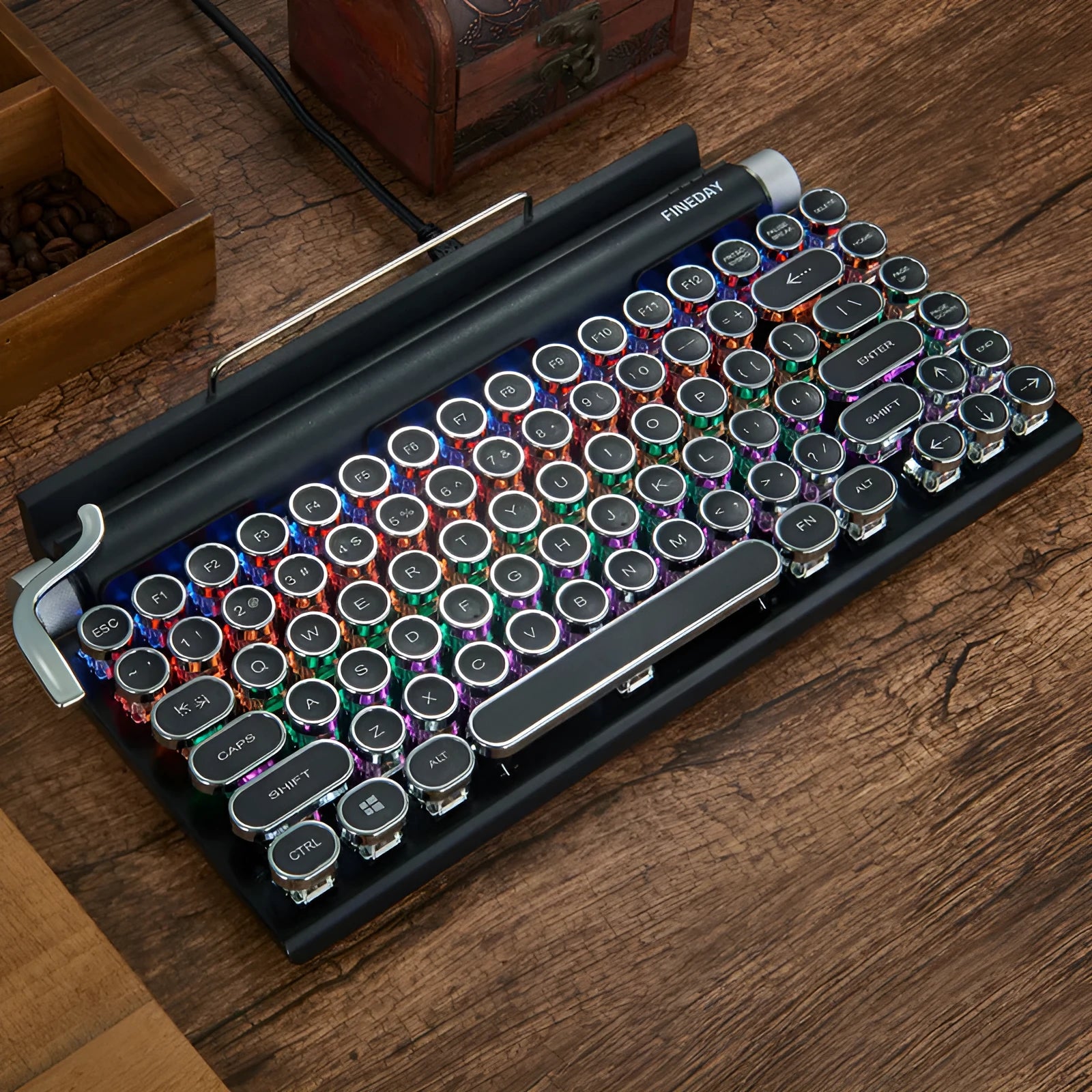 Black retro typewriter style mechanical keyboard with backlit keys
