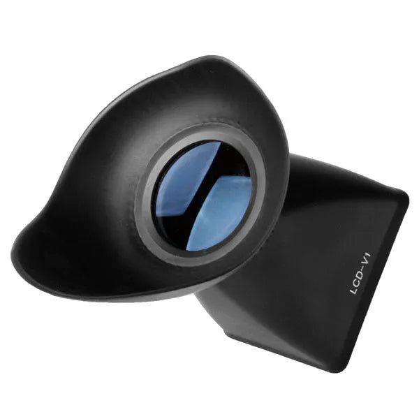 Black camera LCD screen viewfinder magnifier with magnetic mount attached to a DSLR.
