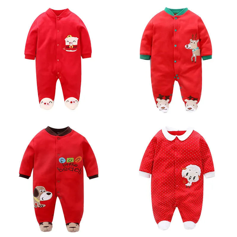 Cotton baby bodysuit with red deer print, short sleeves, sizes 59cm to 80cm, 99.9% cotton.