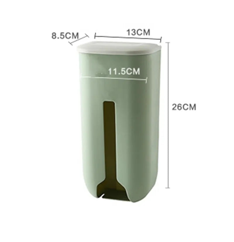 Wall-mounted plastic bag storage box in Nordic green with top flip lid and bottom extraction slot