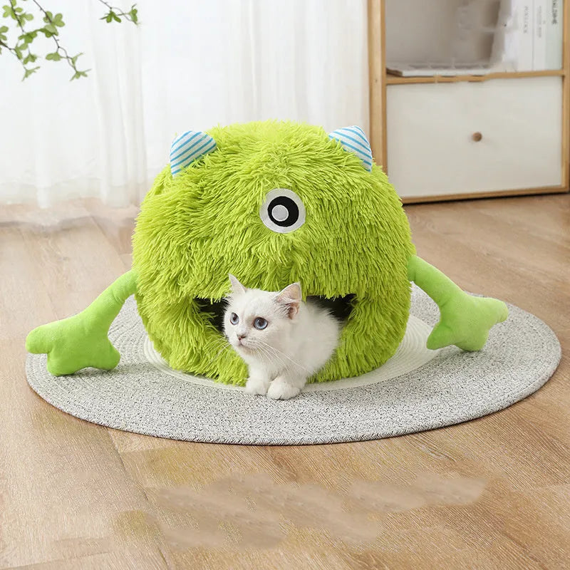 Fluffy round cat bed with soft plush material and non-slip base in three size options