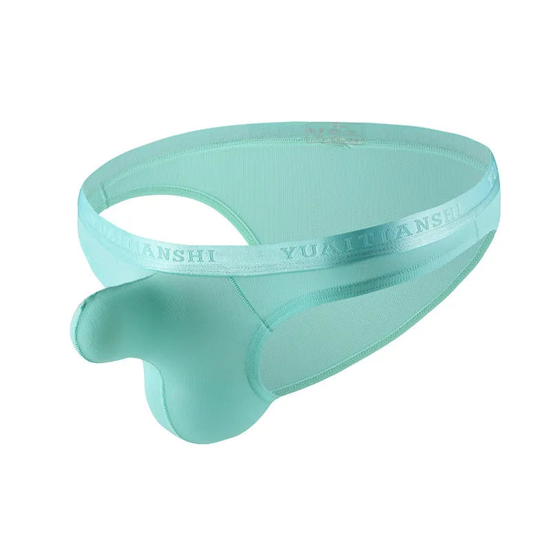 Men's thin low waist nylon underwear in solid colours including pink and green, grey, and dark sky blue.
