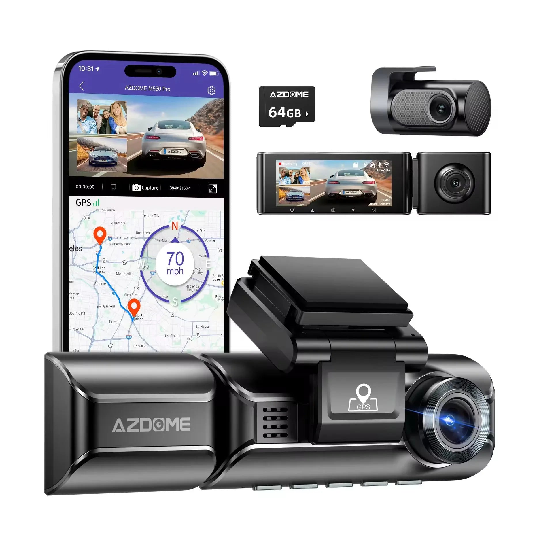 2K driving recorder with 3-inch screen, front and rear cameras, car charger and mounting bracket