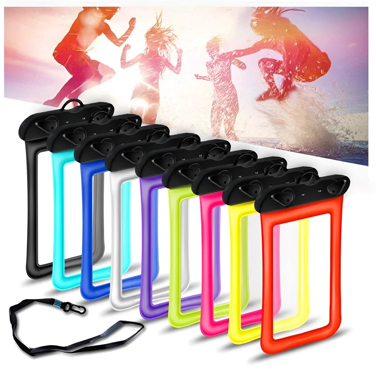 Orange waterproof phone pouch with a black ABS switch and long white neck rope.