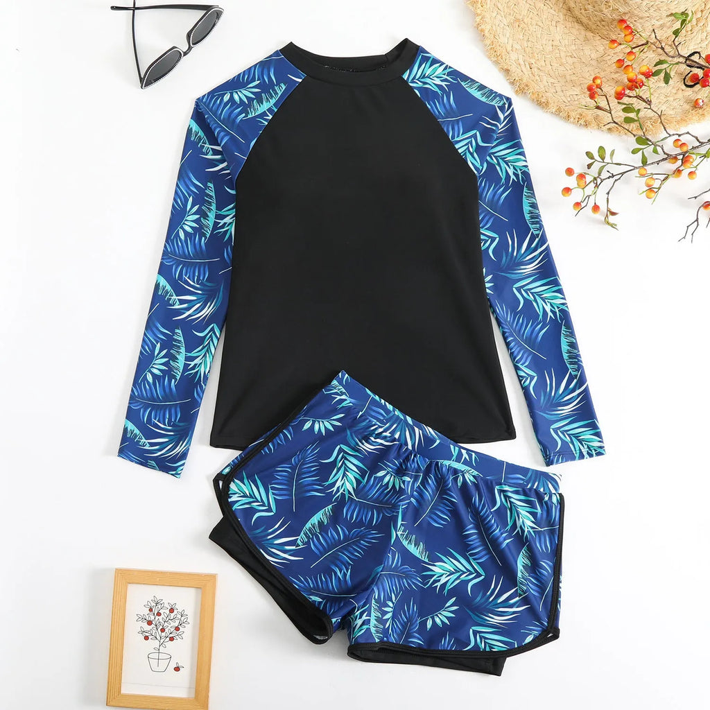Printed stitching women's split tankini swimsuit in dark blue leaves pattern, polyester briefs style