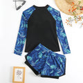 Printed stitching women's split tankini swimsuit in dark blue leaves pattern, polyester briefs style