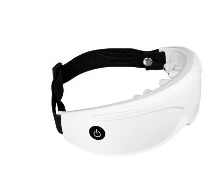 Eye massager with adjustable headband, silicone contacts, and 9 vibration modes in black and white colour