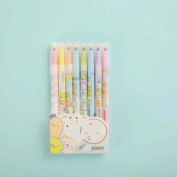 Erasable highlighter pen, plastic body, 16cm length, assorted colours on white background