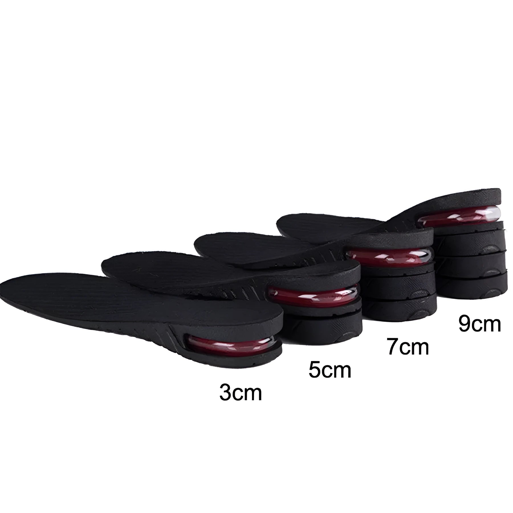 Black PVC height increase insoles with visible stacked layers, 27cm length, for men's shoe lifts