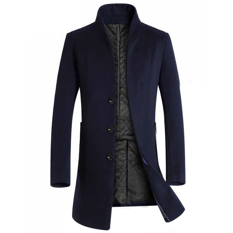 Men's long woolen trench coat in navy, black or grey with size chart from M to 5XL showing shoulder, bust, length and sleeve