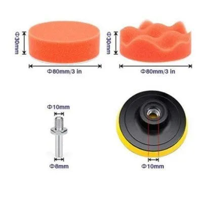 Car polishing sponge set with 7 flat wave 3-inch foam wheels on plastic plates for auto detailing