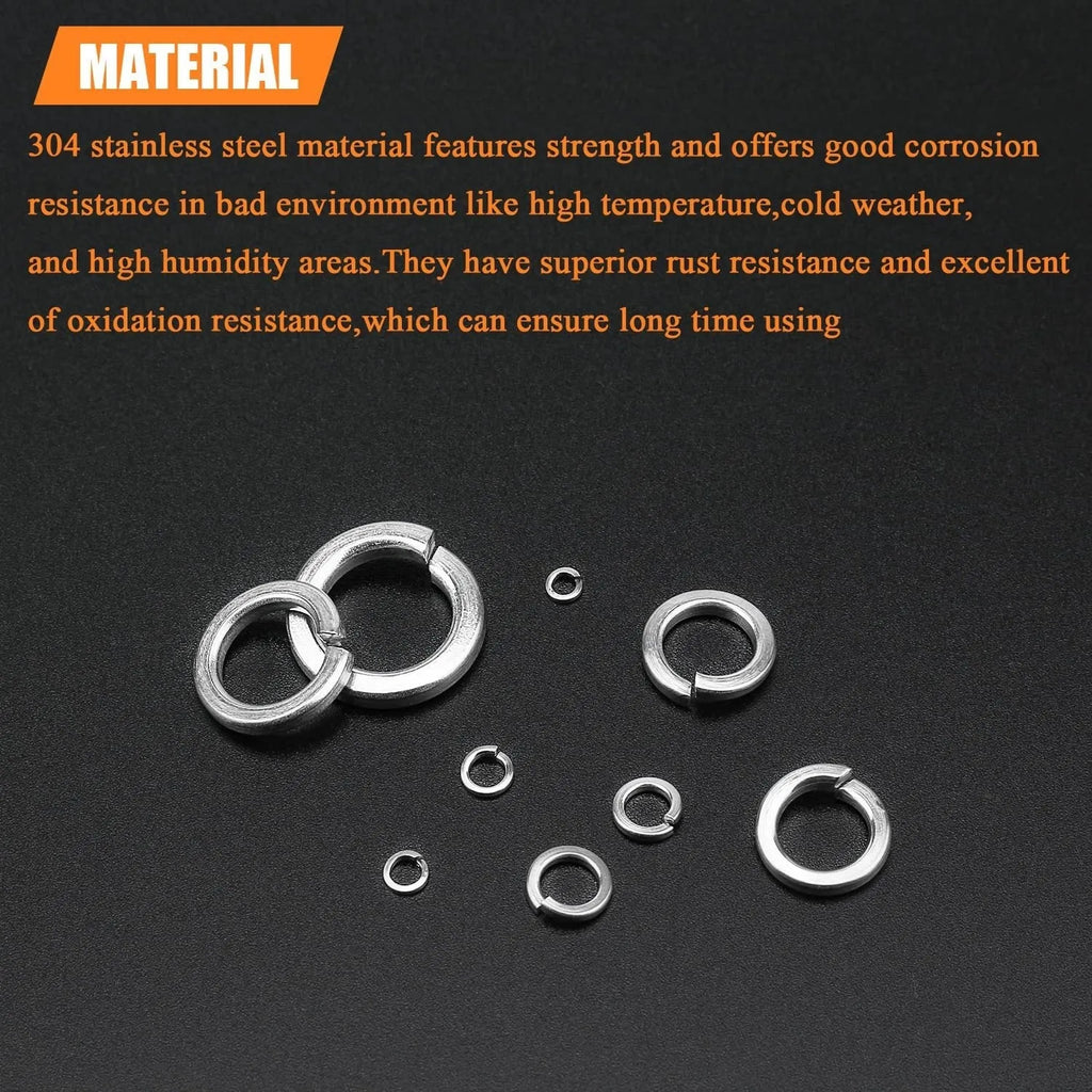 Open box showing assortment of 304 stainless steel spring lock washers in various sizes from 2-12mm inner diameter.